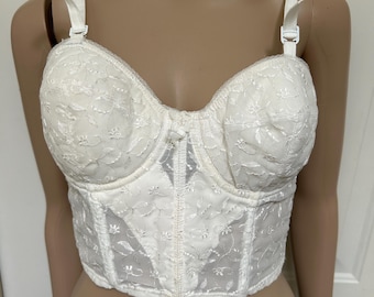 Reggiseno bustier lungo vintage Maidenform Tracery in pizzo floreale bianco, taglia 36B