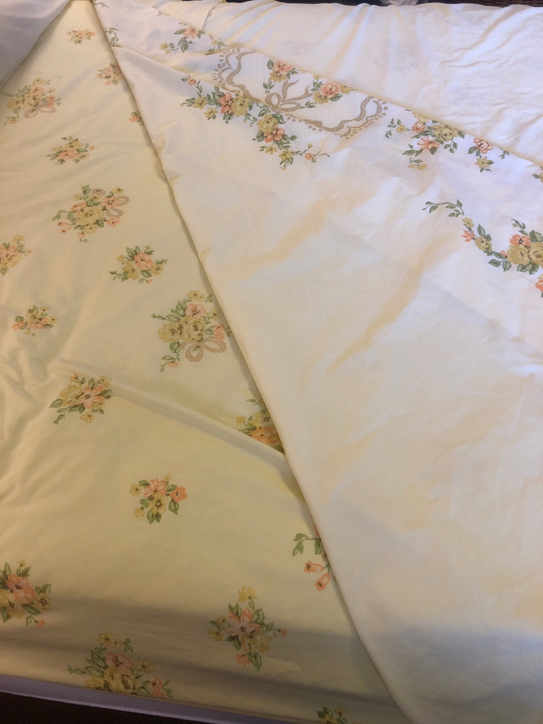 Vintage 1960s Lemon Yellow Floral Sheet Set Mid Century Farmhouse