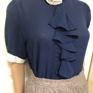 Vintage 1980’s Monique California Dark Blue & White Sheer Short Sleeve Blouse Ruffle Rosette
