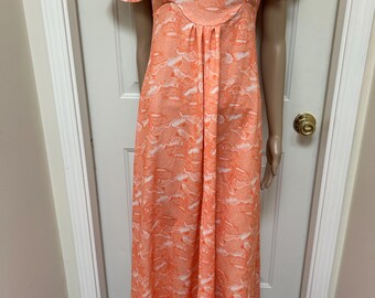 Vintage 70s Handmade Orange Maxi Dress Flutter Sleeves Cloud Print