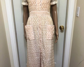 Vintage 1940’s Pink Midi Sheath Wiggle Dress Collared Embroidered Lace Overlay