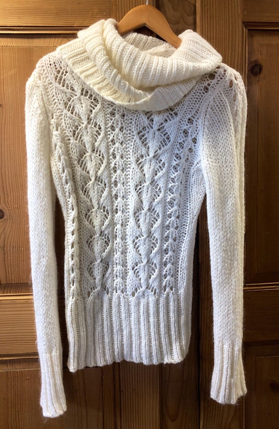 Vintage 80s Ivory Cowl Neck Open Knit Long Pullov… - image 1