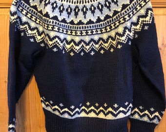 Vintage Norse Knit Handmade In Norway Blue and White Wool Sweater Ski Winter Fair Isle Norwegian