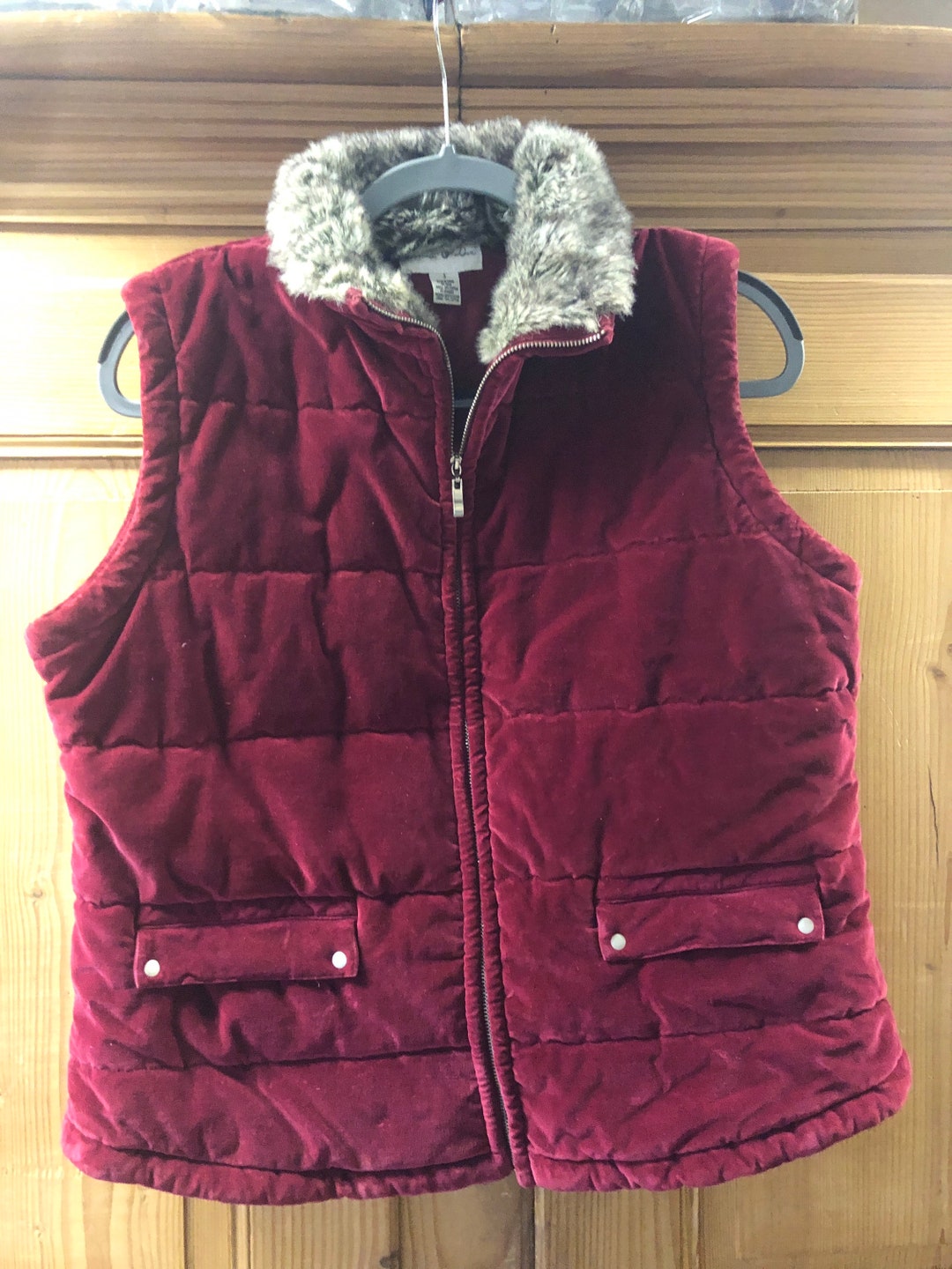 Red Velvet Puffer Vest Faux Fur Collar Cotton Fabric Sz Etsy