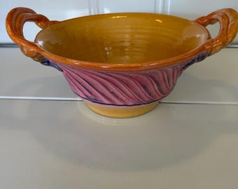 Vintage Pink & Orange Hand Painted Large Italian Ceramic Bowl w/Handles