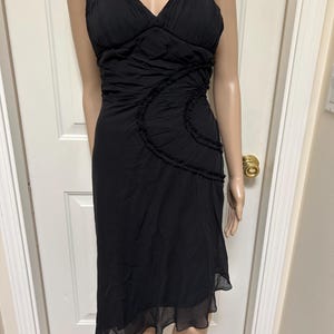 Vintage Y2K Black Silk Lace Up Back Asymmetric Hem Ruched Dress Sz S