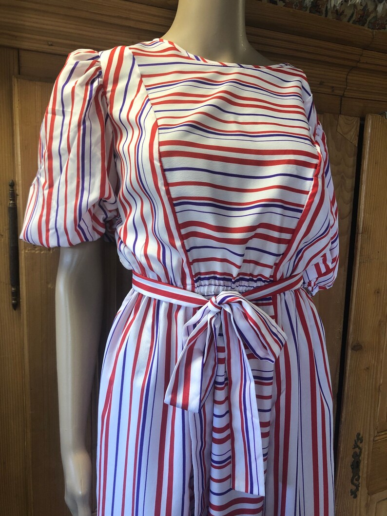 Vintage 80s Lightweight Candy Striped Dress Puffy Sleeves image 2