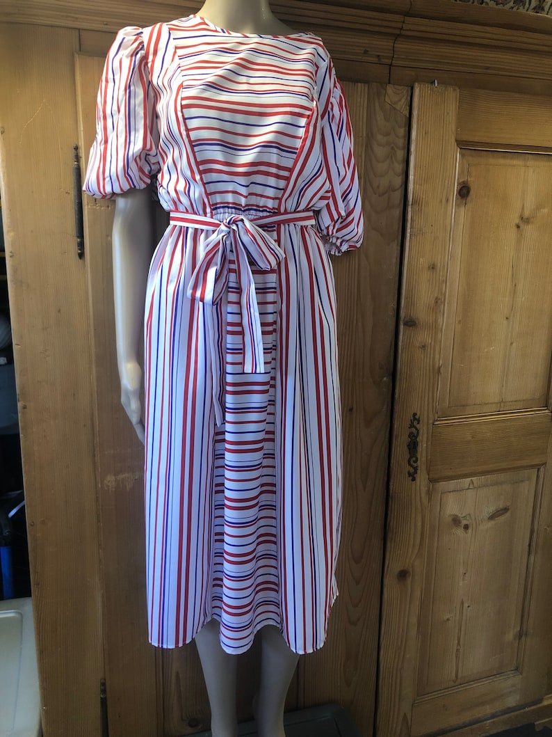 Vintage 80s Lightweight Candy Striped Dress Puffy Sleeves image 1