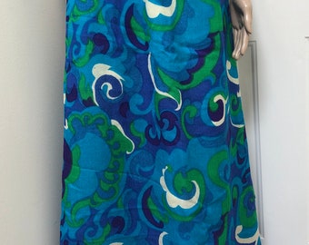 Vintage 60s 70s High Waisted Maxi Skirt Teal Blue Green Psychedelic Swirl Print