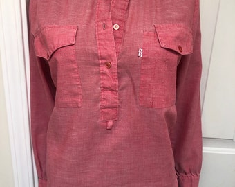 Vintage 80s Womens Levis Red Chambray Blouse Long Tab Sleeves