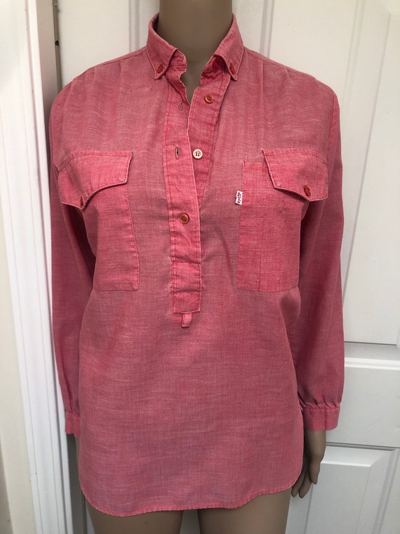 Vintage 80s Womens Levis Red Chambray Blouse Long 