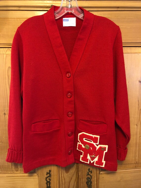 Vintage Preppy AMF Letterman Official Award Sweater Cardigan Red 