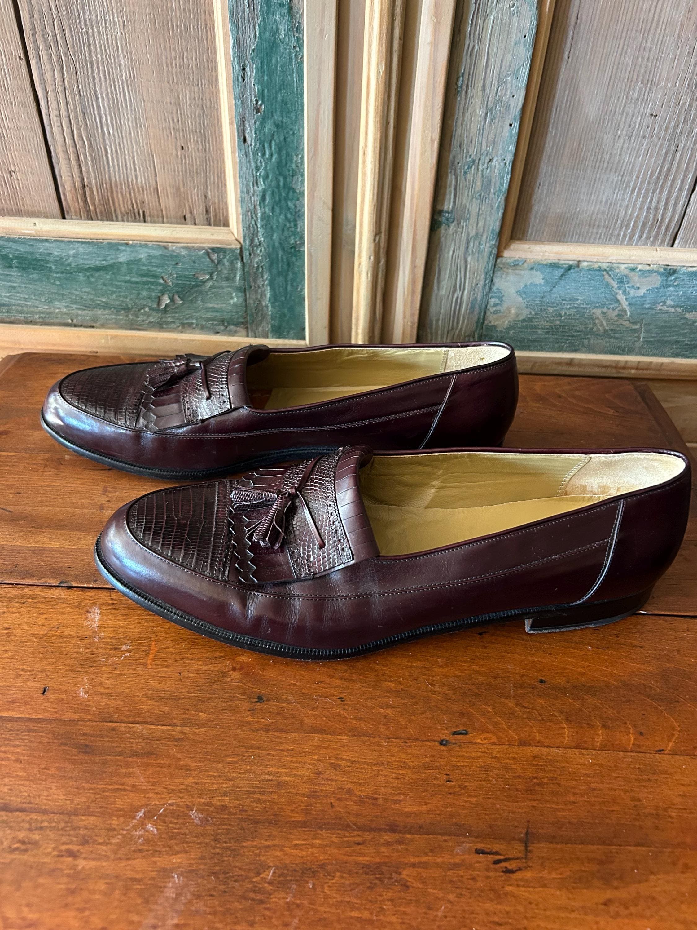 Vintage Mezlan Hand Made Burgundy Lizard Skin Tassel Loafers 