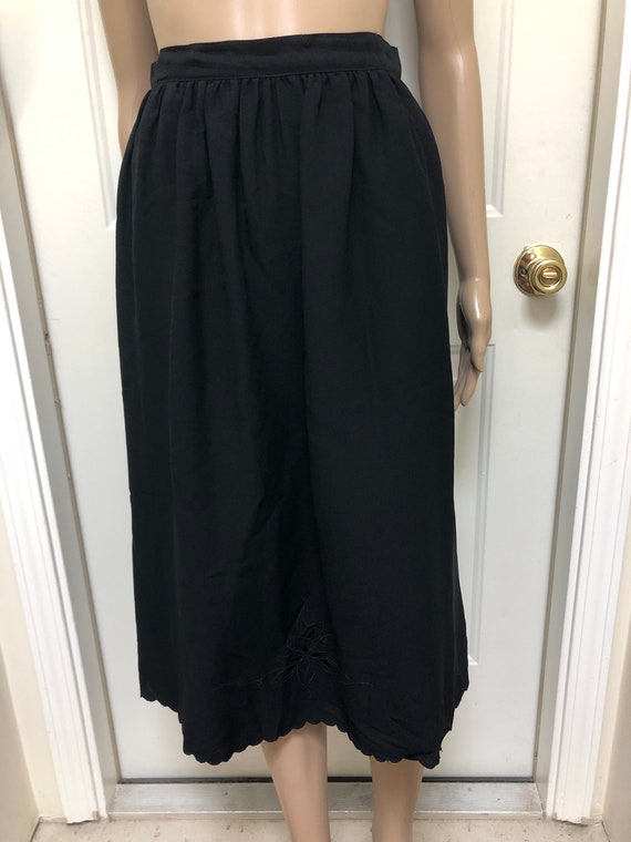 Vintage Black Crepe Midi Skirt Scalloped Hem Embroidered Floral