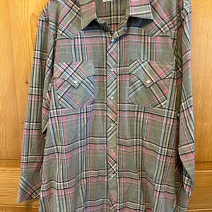 Koszula Vintage Miller Western Wear Pearl Snap w szaro-różową kratę, rozmiar 16,5 33