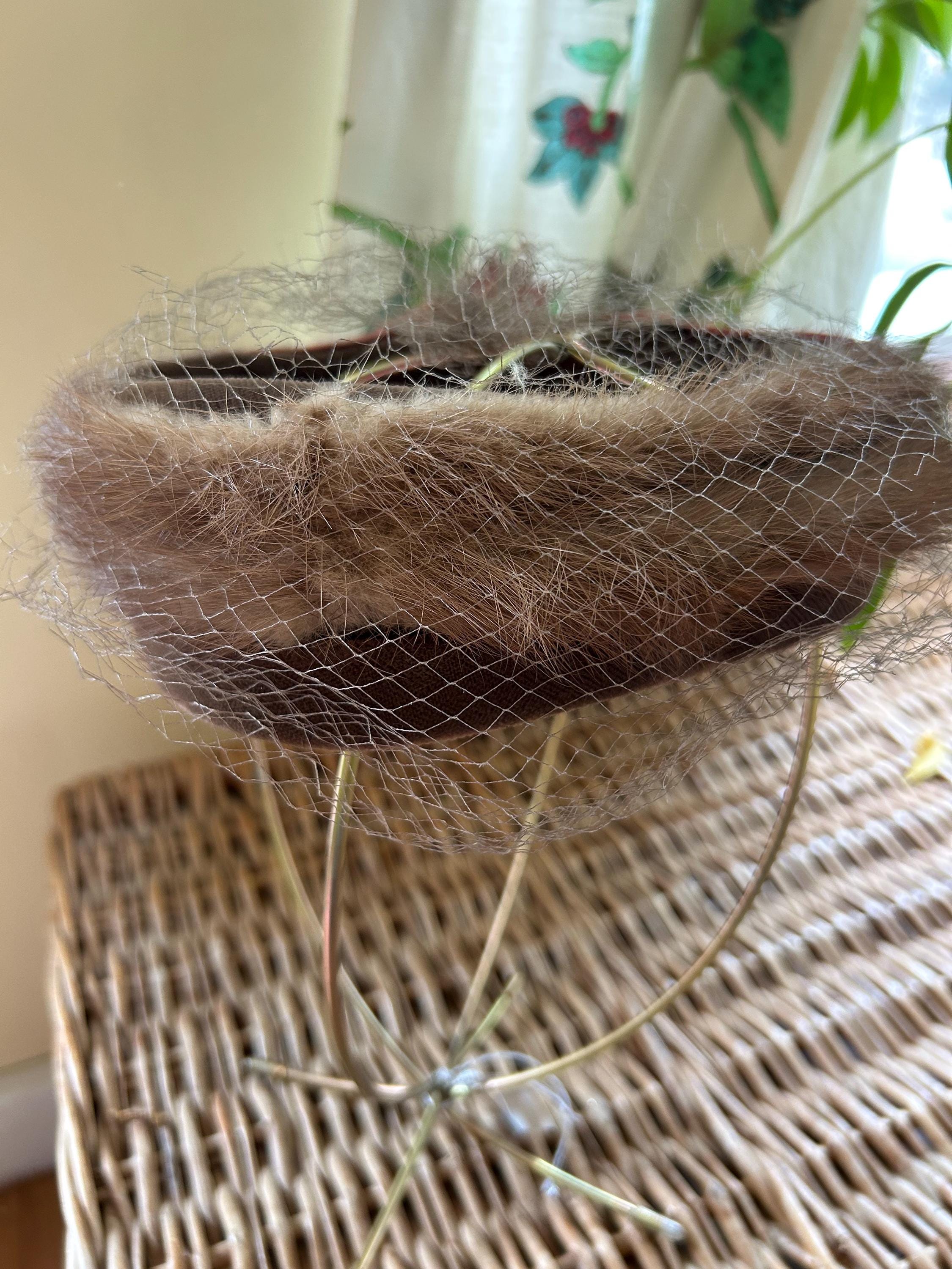 Vtg Mink Pillbox Hat Velvet Bows Veil Net Brown 40s 50s 60s 