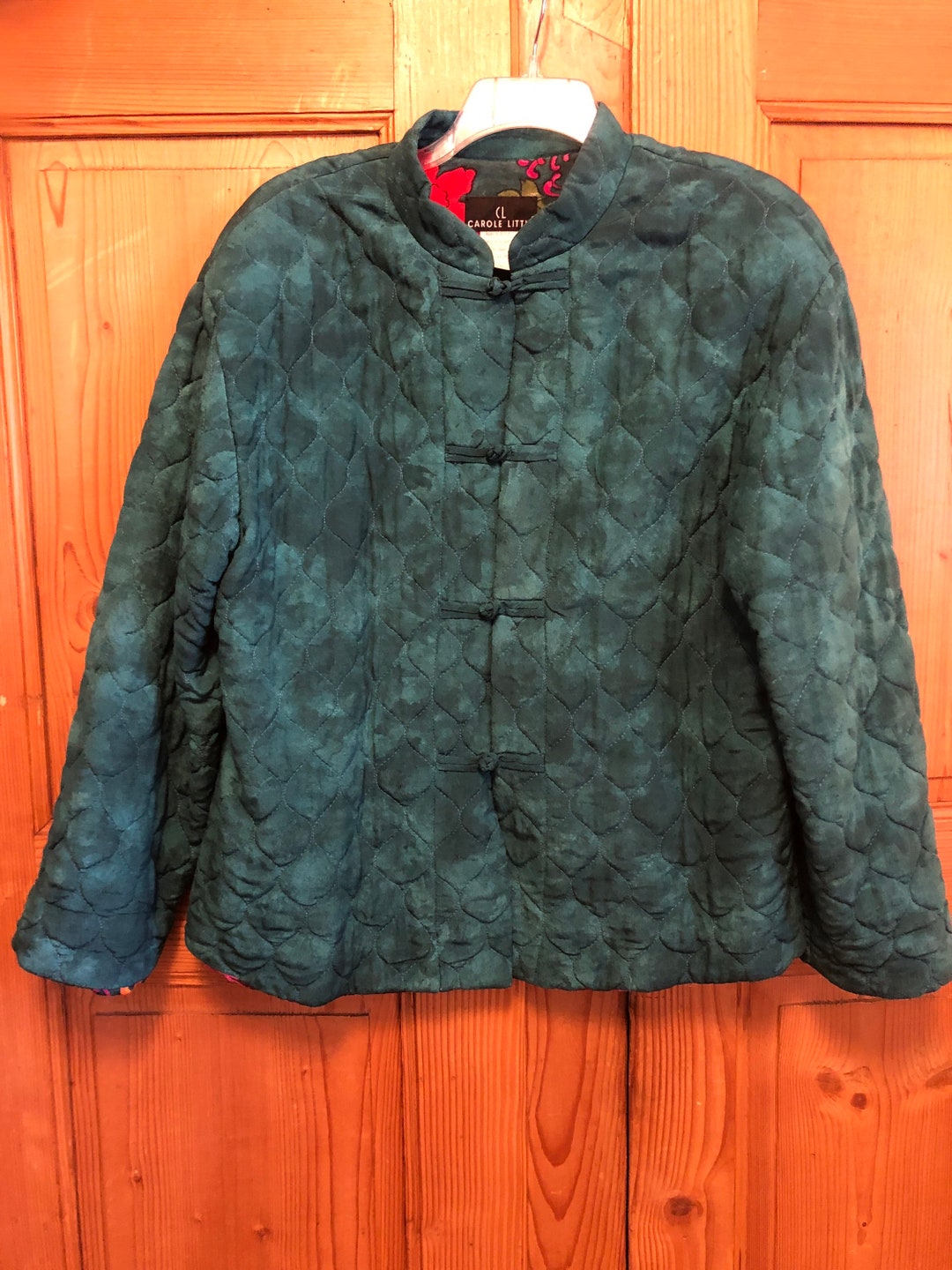Vintage 1980s Carole Little Green Asian Style Quilted Jacket Frog Closure Mandarin Collar Sz 16