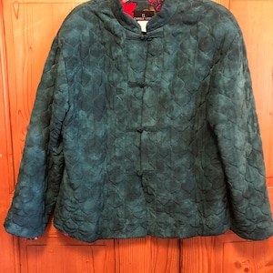 Vintage 1980’s Carole Little Green Asian Style Quilted Jacket Frog Closure Mandarin Collar Sz 16