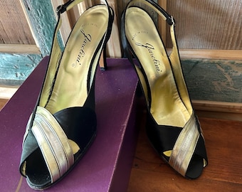 Vintage Garolini Black Silver Gold Italian Made  Peep Toe Slingback Stilettos Heels 8