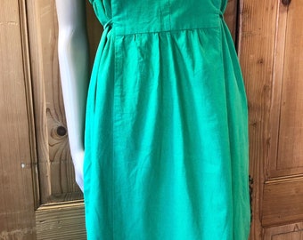 Vintage 70s Green Linen Sleeveless Midi Dress Pinafore