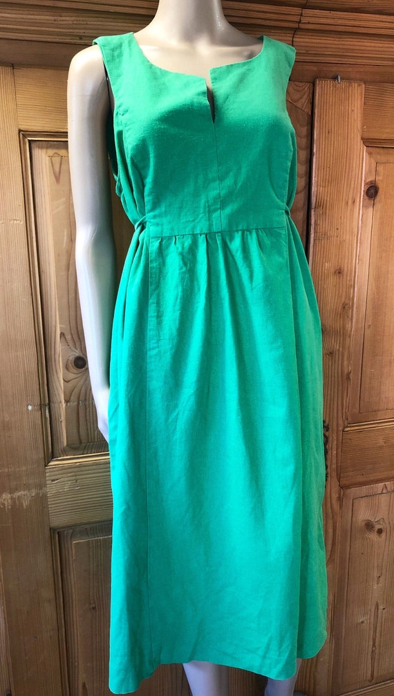 Vintage 70s Green Linen Sleeveless Midi Dress Pina