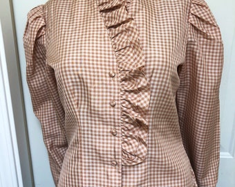 Vintage 80s Lloyd Williams Long Sleeve Checkered Blouse | Ruffled Collar Puff Sleeve | Prairie Cottage Core