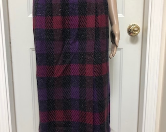 Vintage 1980’s Christian Dior Wool Plaid Wrap Skirt Purple Black Pink Elegant Midi Straight Skirt