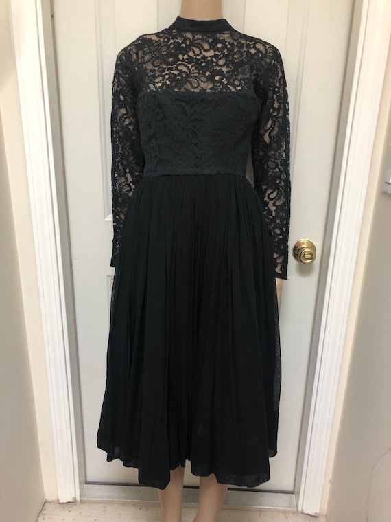 Vintage 1950’s Black Lace & Chiffon Midi Dress