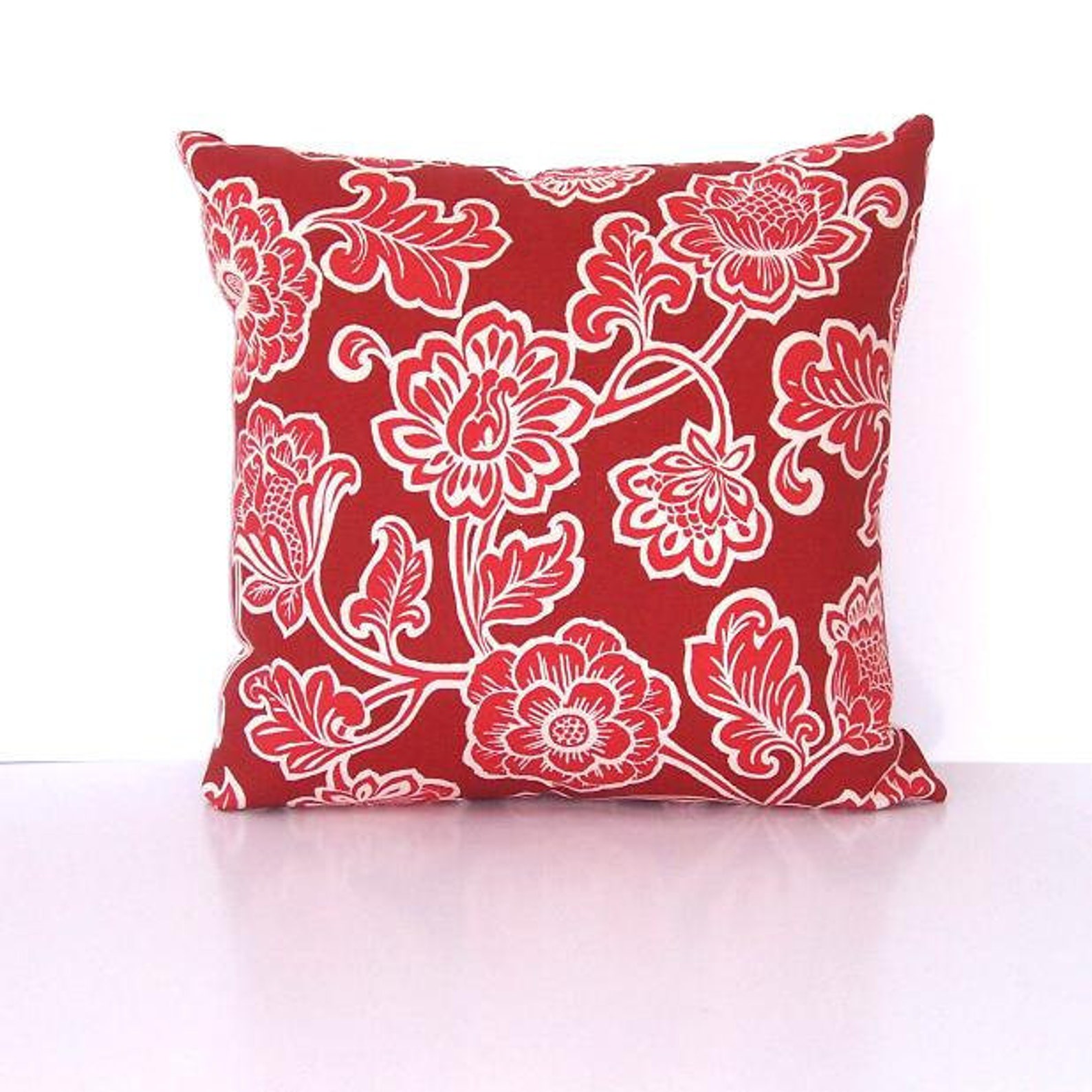 Red Floral Outdoor Pillow Cover 18x18 Rust and Cream Deck or Etsy