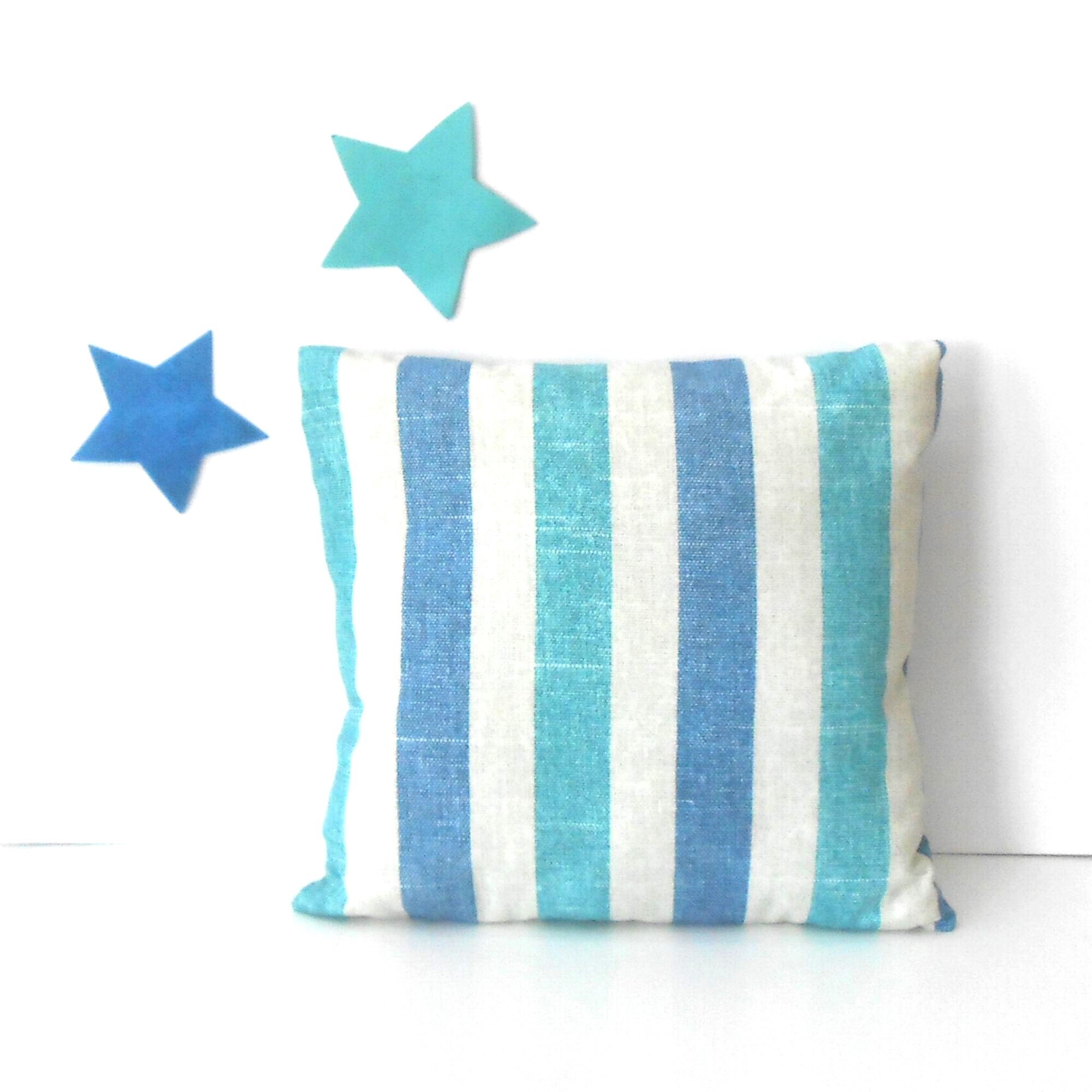 Blue Striped Outdoor Pillow Cover With Turquoise and Beige, 18" Deck Sham, New Homeowners Gift, Sofa Cushion Cover
