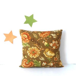 16x16 Gold Floral Pillow Cover With Green, Peach and Cream on Taupe, Kaufmann 16x16 Sham, Soil and Stain Resistant