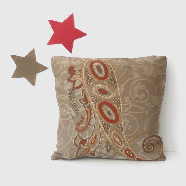 Paisley Print Pillow Cover in Taupe, Orange-Red, Gold, Grey and Dark Brown, 16" and 20" Pillow Sham, Same Fabric Both Sides
