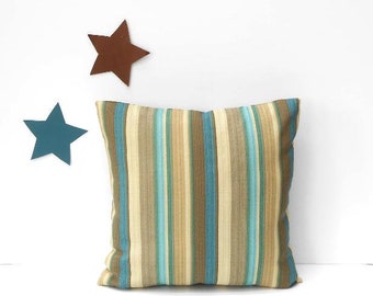 18x18 Waverly Sun N Shade Striped Outdoor Pillow Cover in Tan, Turquoise and Brown, Patio or Deck Pillow Sham, Same Fabric on Both Sides
