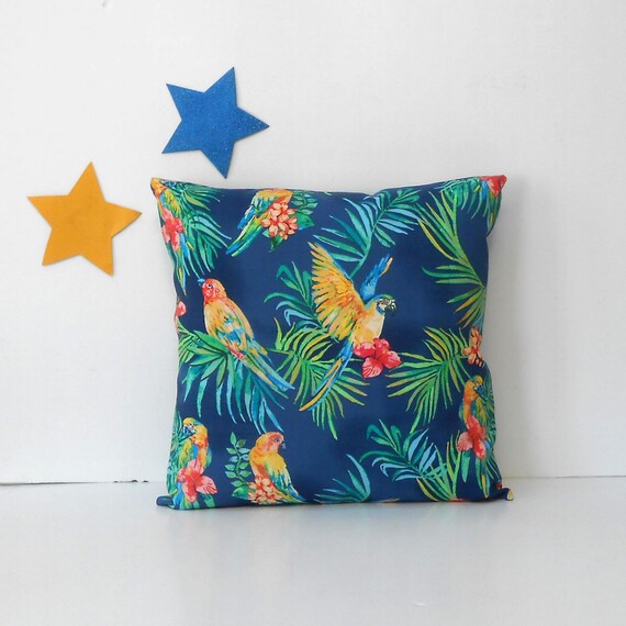 Blue Tropical Bird Print Outdoor Pillow Cover in Sizes With