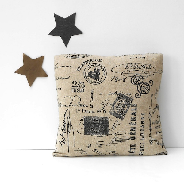 French Postage Stamp Print Pillow Cover in Tan and Black, 18x18 and 12x16 Sofa or Den Pillow Sham
