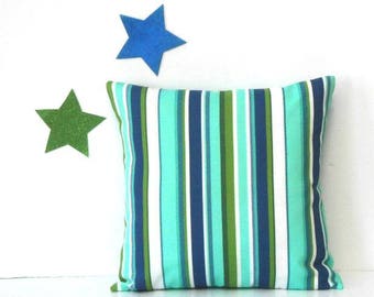 18x18 Solarium Outdoor Pillow Cover in Turquoise, Navy Blue, Green and White Stripes, Patio or Deck Chair, Accent Pillow Sham