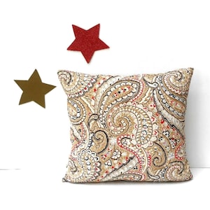 16x16 Paisley Outdoor Pillow Cover in Taupe, Red, Cream and Grey, Sunroom Sham in Nessa Paisley Mocha Print, Deck or Patio Decor
