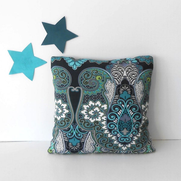 Richloom Solarium 16x16 Outdoor Pillow Cover in Teal Paisley Print With White, Blue, Grey and Green on Black, Patio or Deck Accent Pillow