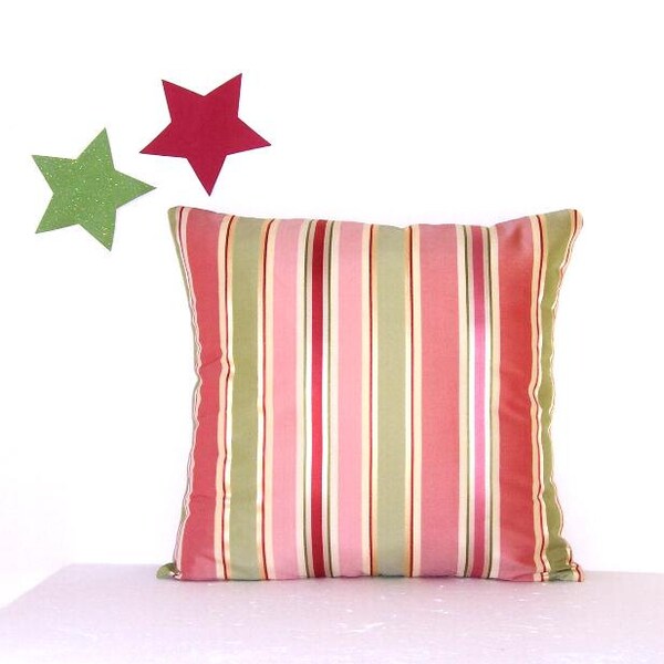 Pink Green Striped Pillow Cover, Decorative Pink Green Pillow, 18" x 18" Striped Accent Sofa Pillow