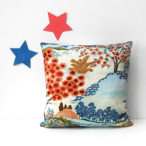 18x18 Mill Creek Pillow Cover in Yuhua Marvy in Coral Print, Asian Trees and Landscape With Blue, Pink, Peach and Coral, Sofa or Bed Sham