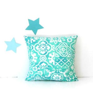 Outdoor Pillow Cover in Turquoise and White Geometric Print, Deck Sham With Same Fabric on Both Sides, 16” and 18”, Zipper on Bottom