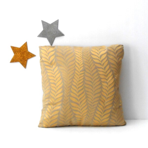 Gold and Gray Pillow Cover in a Fern Leaves Chevron Print, 18” Decorative Sham, Same Fabric on Both Sides