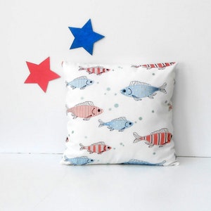 Embroidered Fish Print Pillow Cover in Red and Blue on Cream, 18” Couch, Bed or Nursery Sham in Golding Fabric in Fish Tales Print