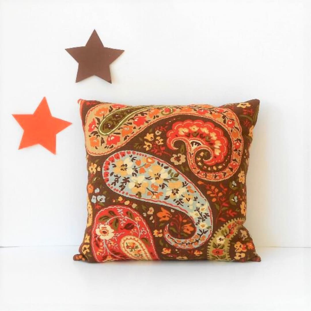 18x18 Brown Paisley Pillow Cover With Reddish Orange, Green, Blue