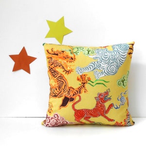 Pillow Cover in Hamilton Himalaya Asian Dragons, 18x18 Jonquil Print, Chinoiserie Tigers Sham With Pink, Orange and Grey on Yellow