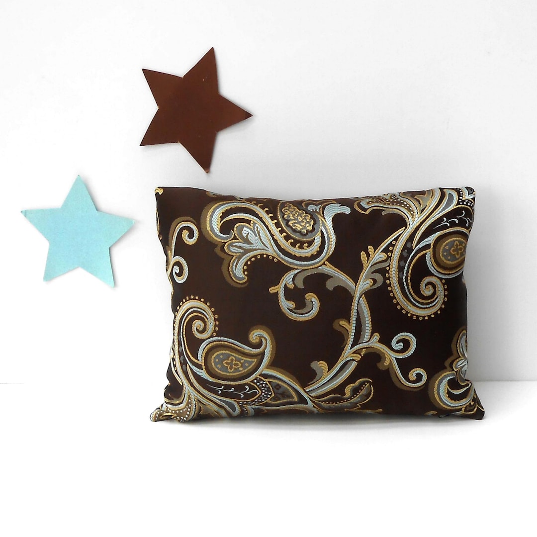 12x16 Lumbar Brown Paisley Pillow Cover With Blue and Gold, Fleur De