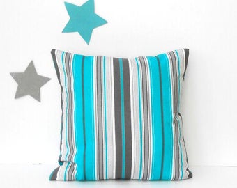 18x18 Outdoor Pillow Cover in Grey and Turquoise Stripes, Patio, Deck, or Sun Room Throw Pillow, Summer Patio Decor, Home Decorating Sham