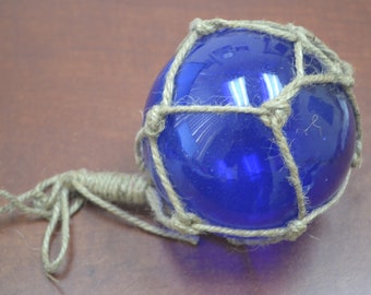 Cobalt Blue Reproduction Blown GLASS FLOAT Fishing Buoy Ball With Fishnet 5"