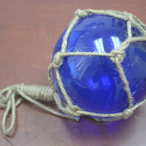 Cobalt Blue Reproduction Blown GLASS FLOAT Fishing Buoy Ball With Fishnet 5"