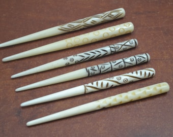 6 Pcs Assort carved buffalo BONE HAIR Stick Pin